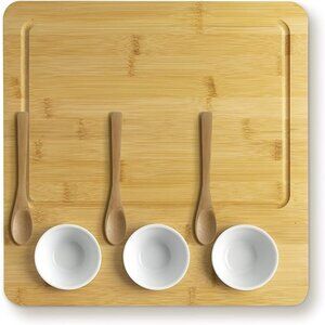 13” Square Cheese Bamboo Board Set with Ceramic Cups for Charcuterie, Bamboo